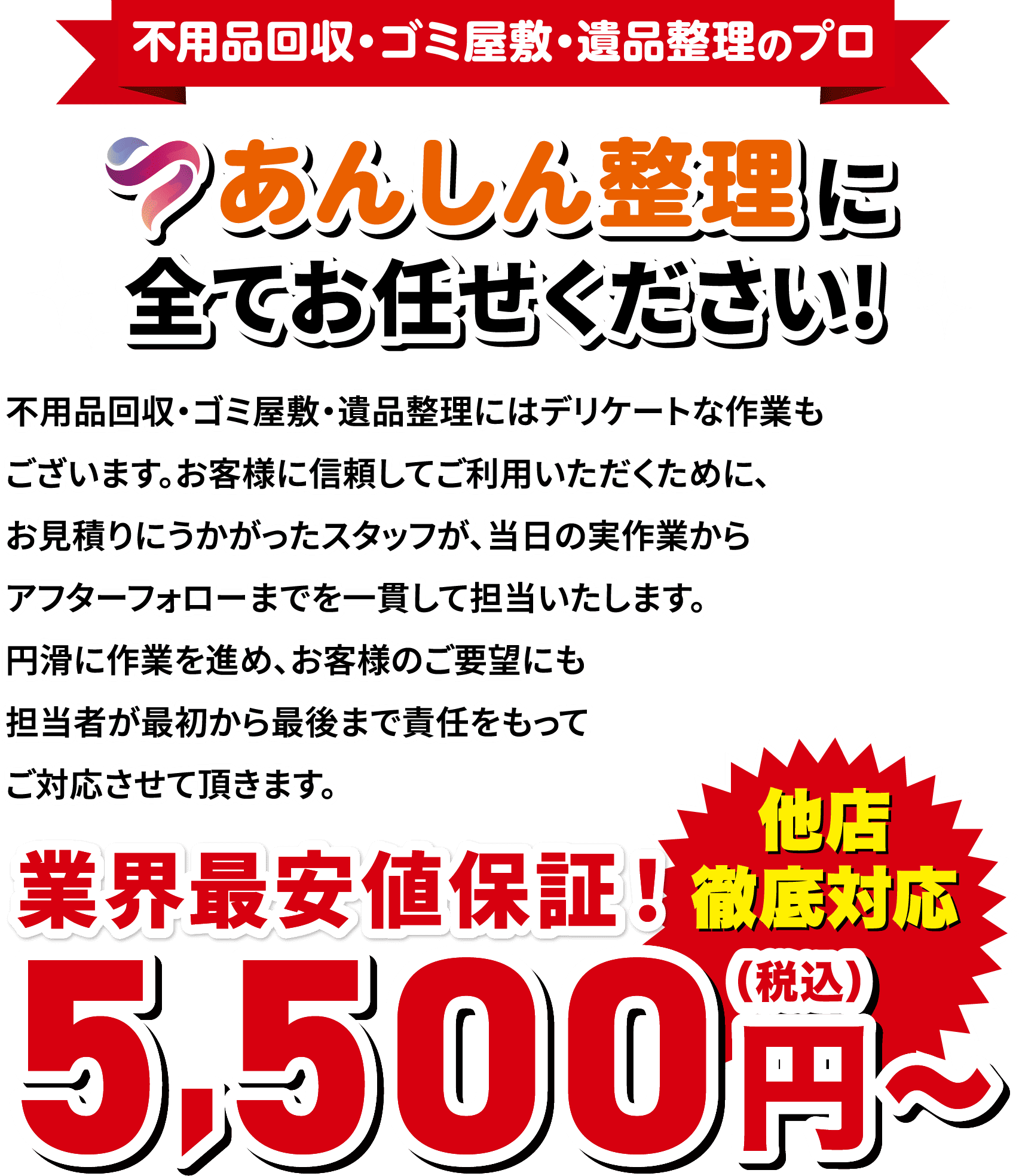 遺品整理のプロ 遺品あんしん整理に全てお任せください。業界最安保証 28,000円〜